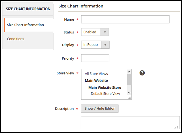 Create Unlimited Size Charts for product