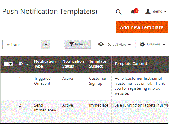 Push Notification Template Setting
